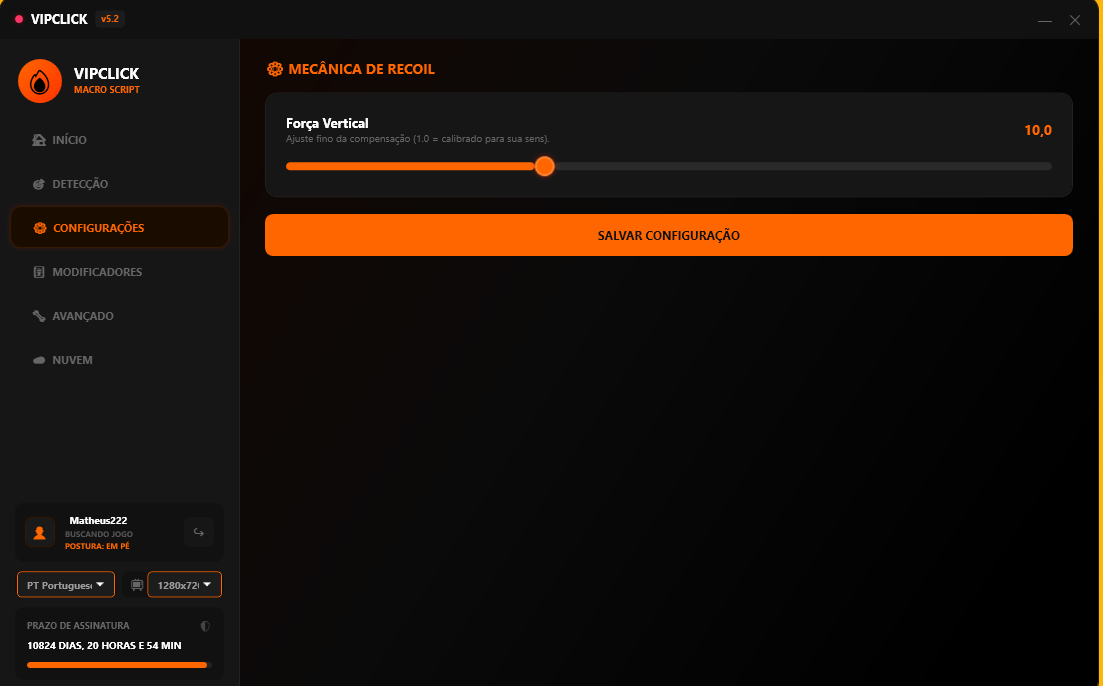 Tela de ajuste fino do controle de recoil VipClick