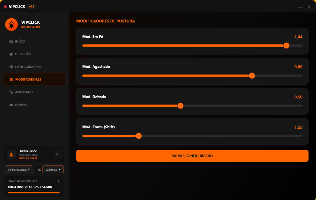 Tela de modificadores e perfis do VipClick