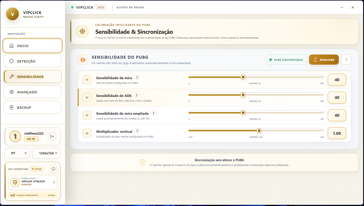 Ajustes de sensibilidade e perfis de recoil no VipClick