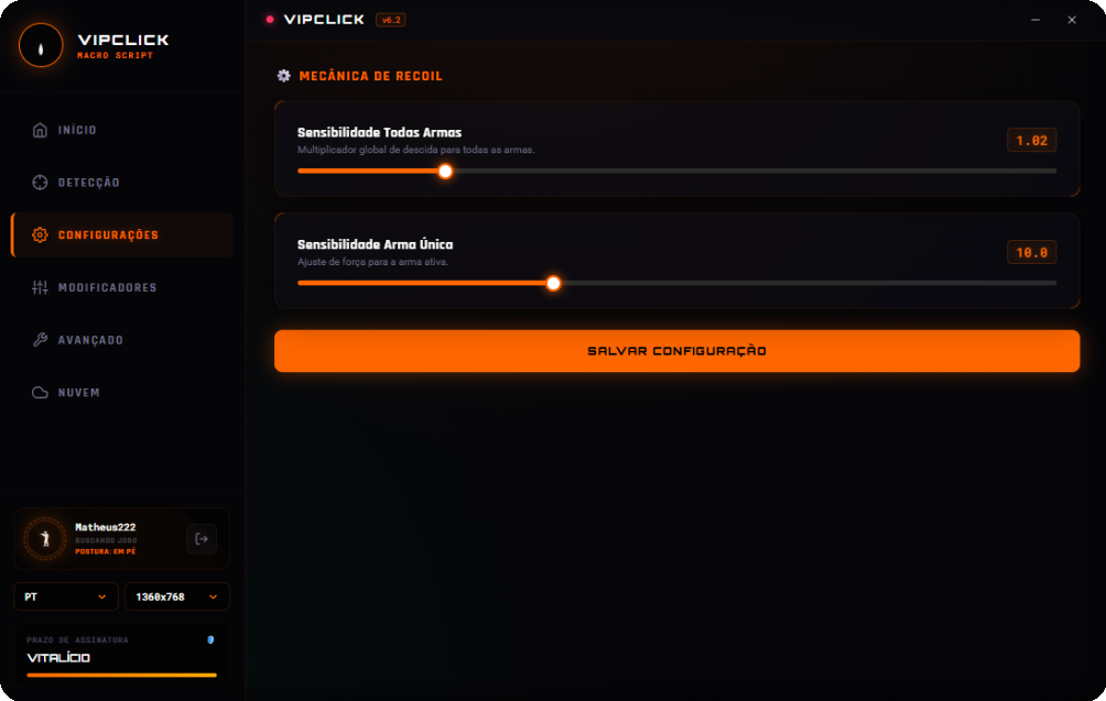 Aba Configurações do VipClick